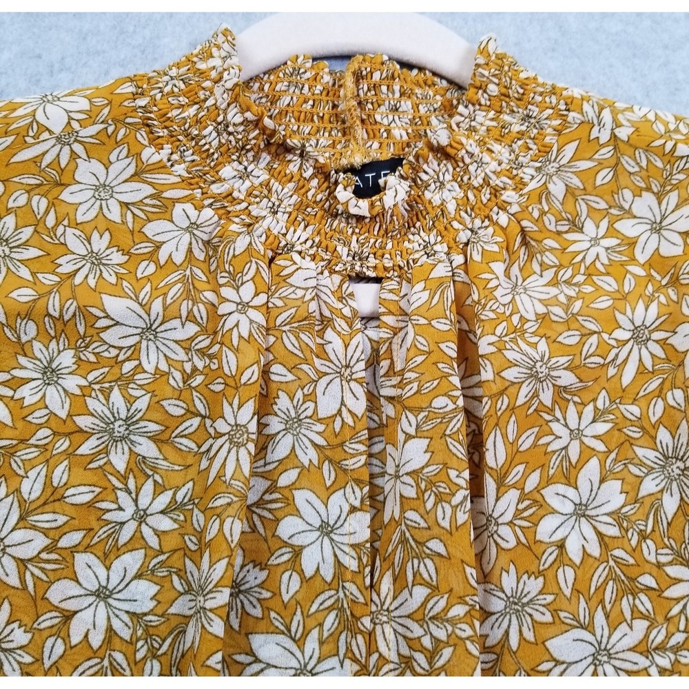 1.State Top Women's Medium Yellow Floral Long Sleeve Spring Summer Smocked Sheer - Picture 2 of 9